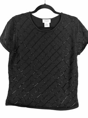 Vintage Talbots Black 100% Merino Wool Beaded Short Sleeve Sweater Large